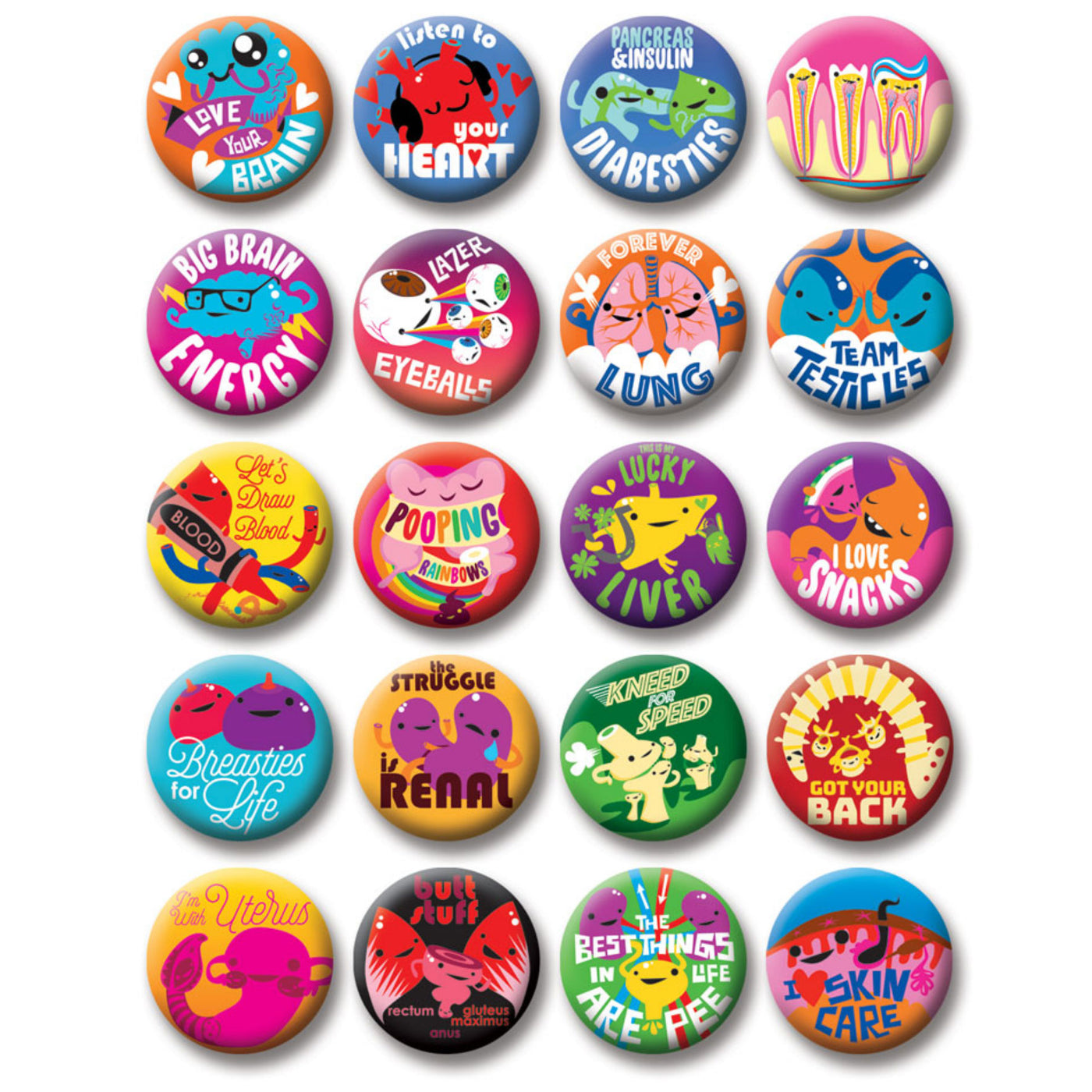 Cute Organs & Health Care Funny Button Set of 20 Badges - I Heart Guts