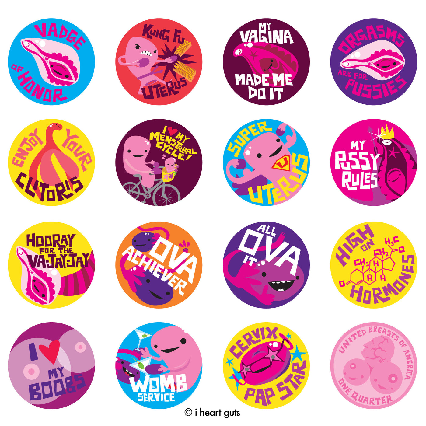 Vadge Variety Buttons - 16 Buttons - I Heart Guts